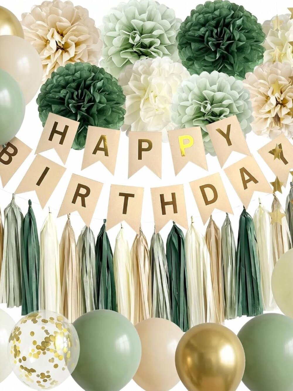 Sage Green Happy Birthday Party Decorations Retro Green Nude Ivory Dark Olive Kr